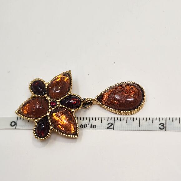 Amber Brown Tone Faux Stone Cluster Brooch Pendant Gold Tone Dangle Teardrop - Picture 5 of 5